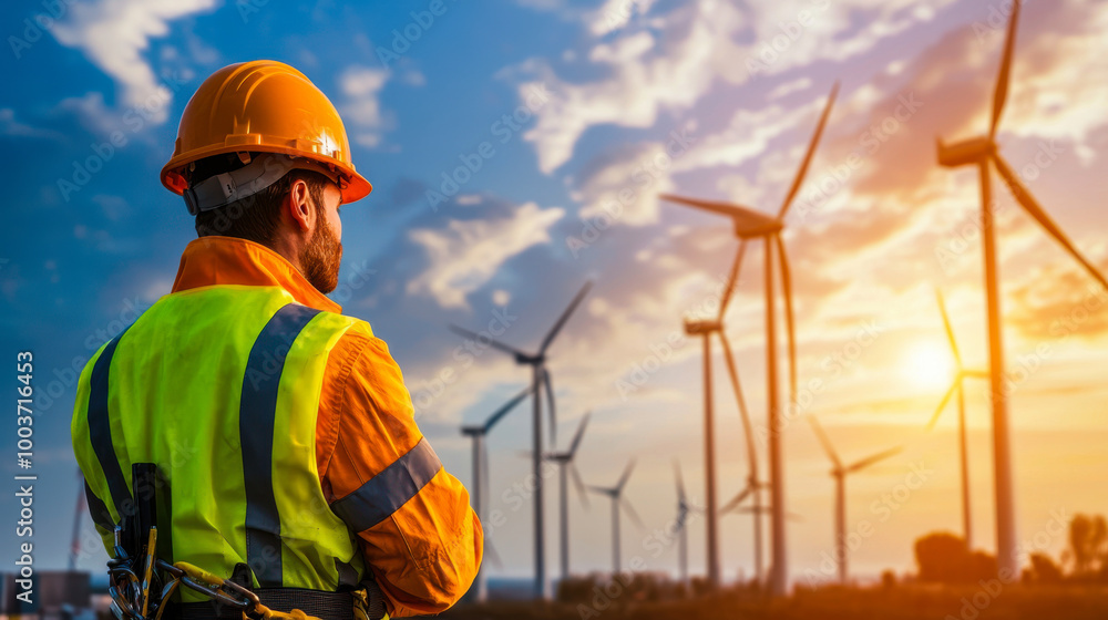 Worker observing wind turbines at sunset Worker observing wind turbines at sunset