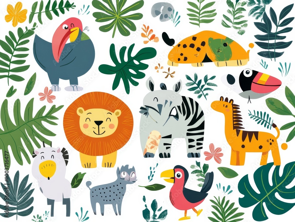 2408 37.A colorful collection of flat-style savannah animals, including a lion, lemur, rhino, toucan, and zebra, surrounded by tropical leaves. The playful, childlike design captures the charm of 2408 37.A colorful collection of flat-style savannah animals, including a lion, lemur, rhino, toucan, and zebra, surrounded by tropical leaves. The playful, childlike design captures the charm of