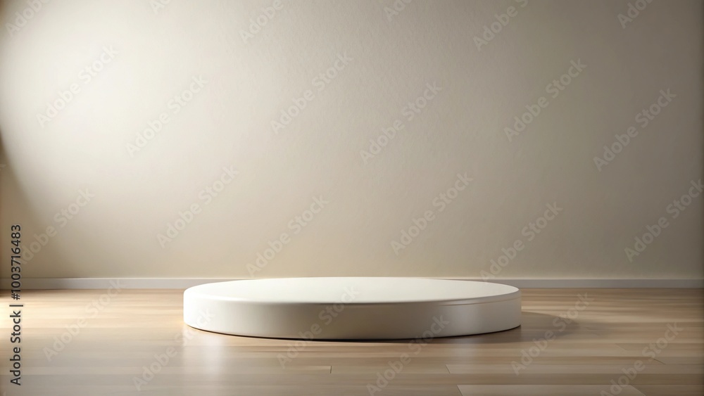 White round podium on a neutral light toned floor with selective focus White round podium on a neutral light toned floor with selective focus