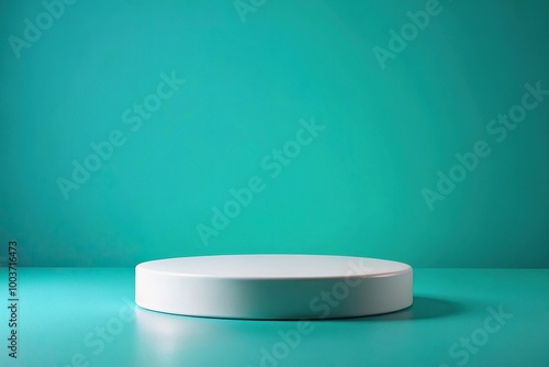 White round podium on turquoise background, close-up