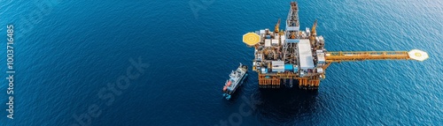 Aerial view of an offshore oil rig in the ocean, showcasing energy production and industrial efficiency in marine environments.