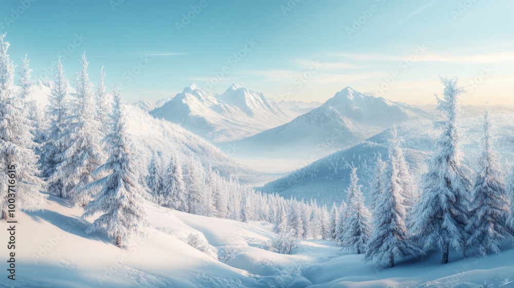 Fototapeta premium 3D effect of a picturesque winter landscape with snow-covered trees, mountains, and a clear sky