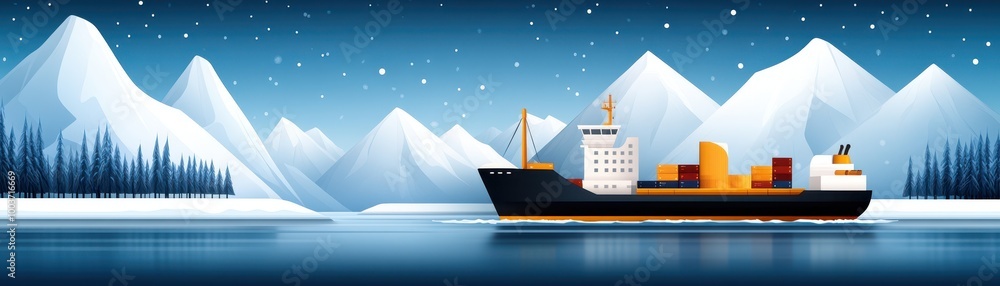 Fototapeta premium Ship in icy waters with snowy mountains backdrop