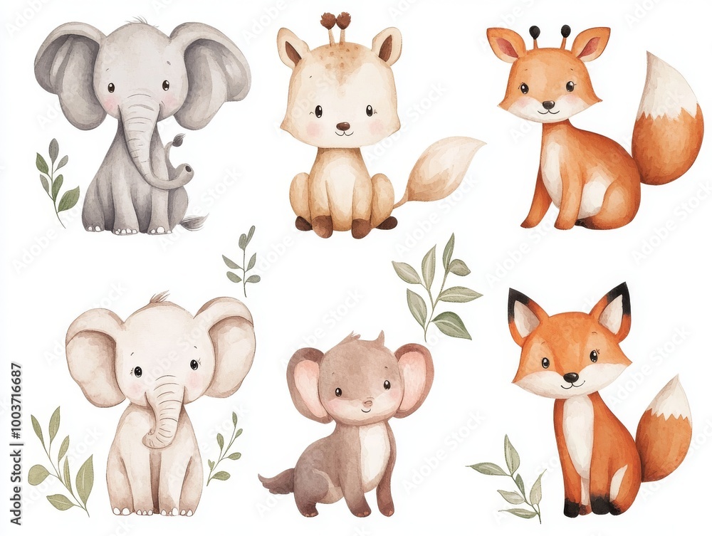 2408 42.A charming set of baby animals on a white background, including baby giraffes, elephants, and foxes, all depicted in a soft, playful style. Ideal for children's products, nursery decor, or 2408 42.A charming set of baby animals on a white background, including baby giraffes, elephants, and foxes, all depicted in a soft, playful style. Ideal for children's products, nursery decor, or