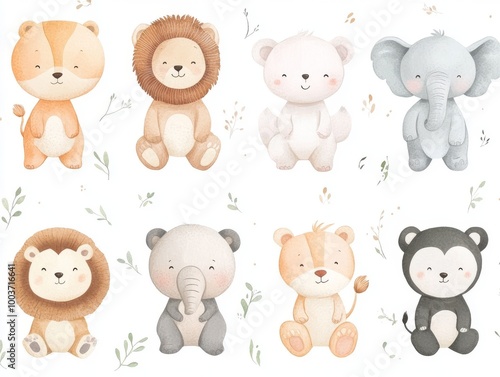 Wallpaper Mural 2408 41.A collection of cute baby animals, each illustrated in a soft, pastel color palette on a white background. Featuring animals like baby elephants, lions, and pandas, this set is perfect for Torontodigital.ca