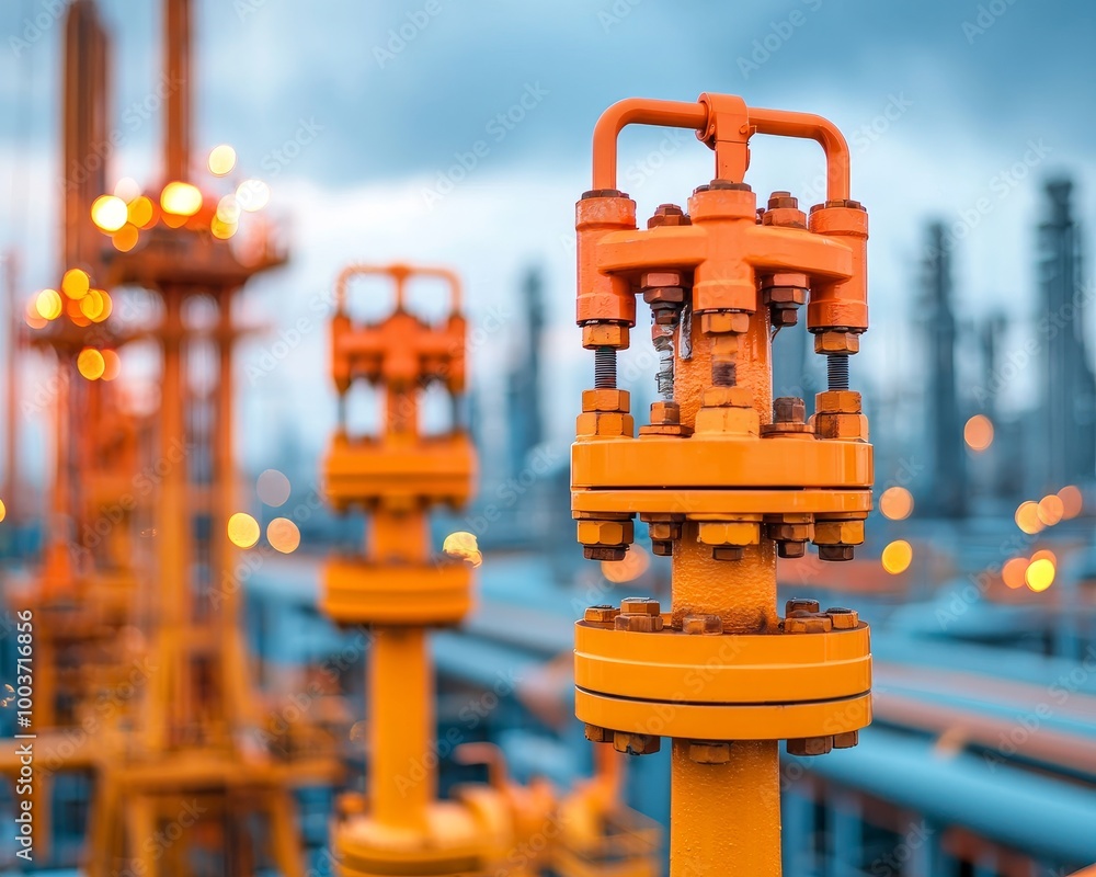 Closeup of an orange industrial valve with a blurred refinery in the background. Closeup of an orange industrial valve with a blurred refinery in the background.