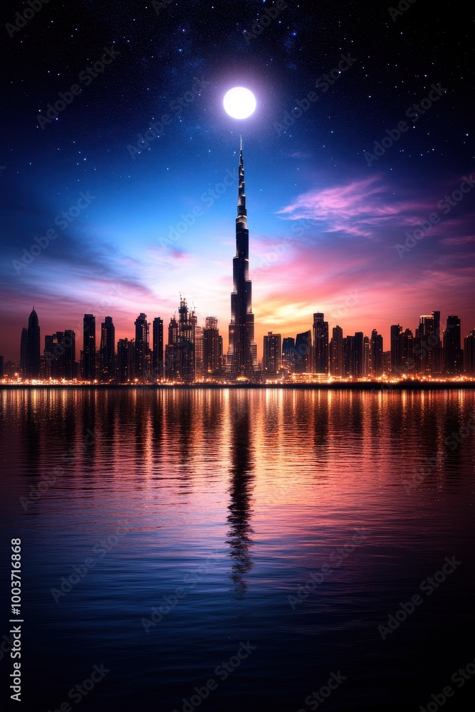 Obraz premium Stunning skyline at dusk with reflections