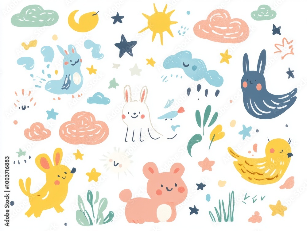 Fototapeta premium 2408 46.A cute cartoon animal sticker set, featuring hand-drawn animals like bunnies, birds, and bears, along with sky elements like clouds and stars. The whimsical doodles are perfect for stickers,