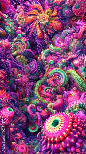  A collection of various-colored objects situated amidst a heap of purple, green, and pink items