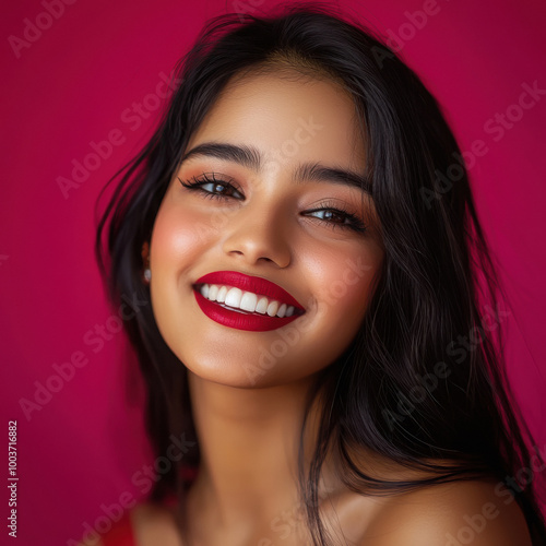 young indian woman smiling on pink background