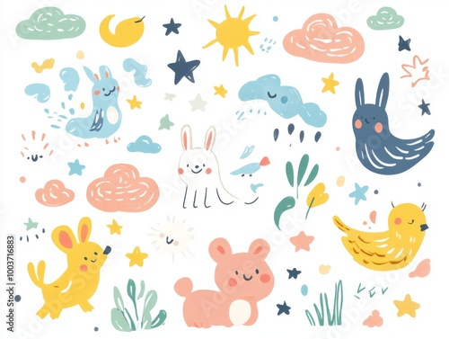2408 46.A cute cartoon animal sticker set, featuring hand-drawn animals like bunnies, birds, and bears, along with sky elements like clouds and stars. The whimsical doodles are perfect for stickers,