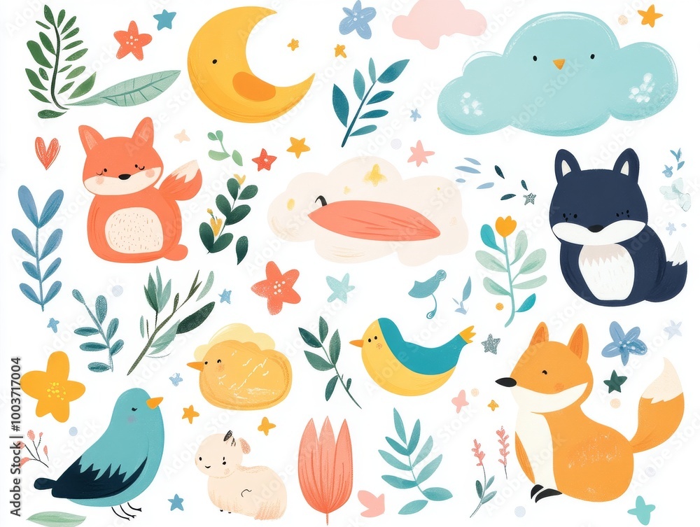 2408 50.A cute cartoon sticker set with hand-drawn animals like birds, foxes, and bunnies, paired with sky elements such as clouds, stars, and moons. The doodles are perfect for creating playful,
