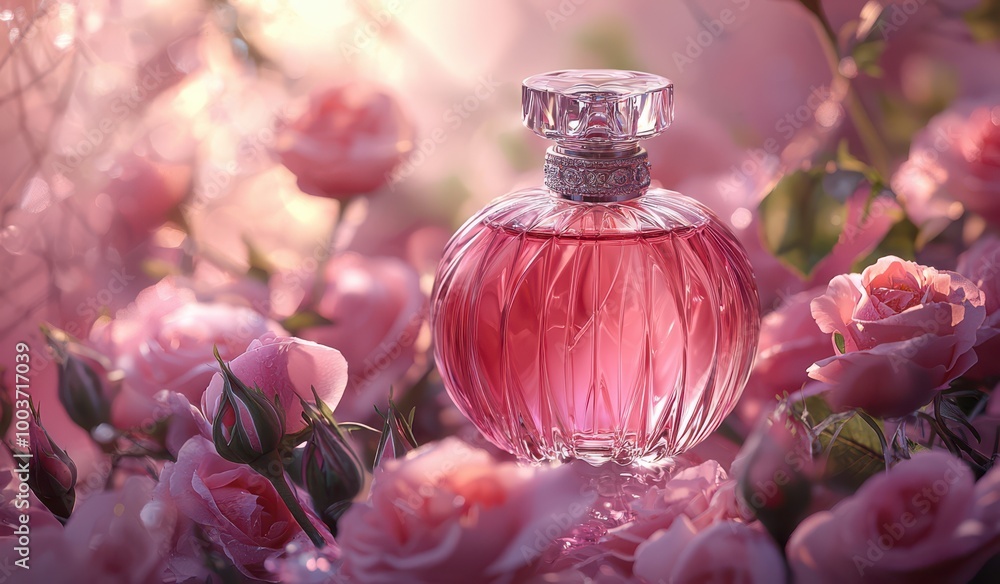 Elegant pink perfume bottle surrounded by delicate rose blossoms creating a romantic and luxurious ambiance Elegant pink perfume bottle surrounded by delicate rose blossoms creating a romantic and luxurious ambiance