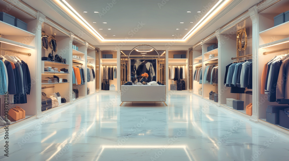 Fototapeta premium Explore a luxury fashion store showcasing designer clothes and chic accessories in an elegantly arranged space with stunning lighting