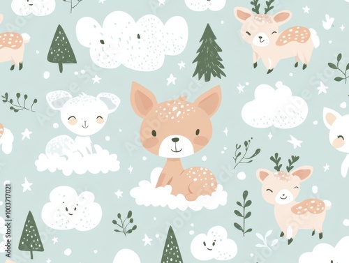 2408 52.A seamless pattern showcasing adorable baby animals like kittens, puppies, lambs, and baby deer, surrounded by elements like clouds, stars, and small trees. The design uses a soft color