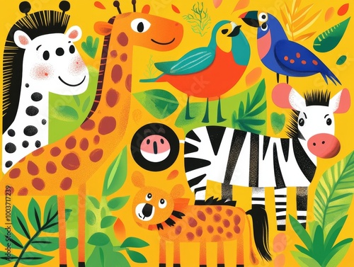 2408 57.A colorful collection of flat vector savannah animals, including zebras, cheetahs, giraffes, and toucans, arranged in a playful children's illustration style. The bright, bold colors and