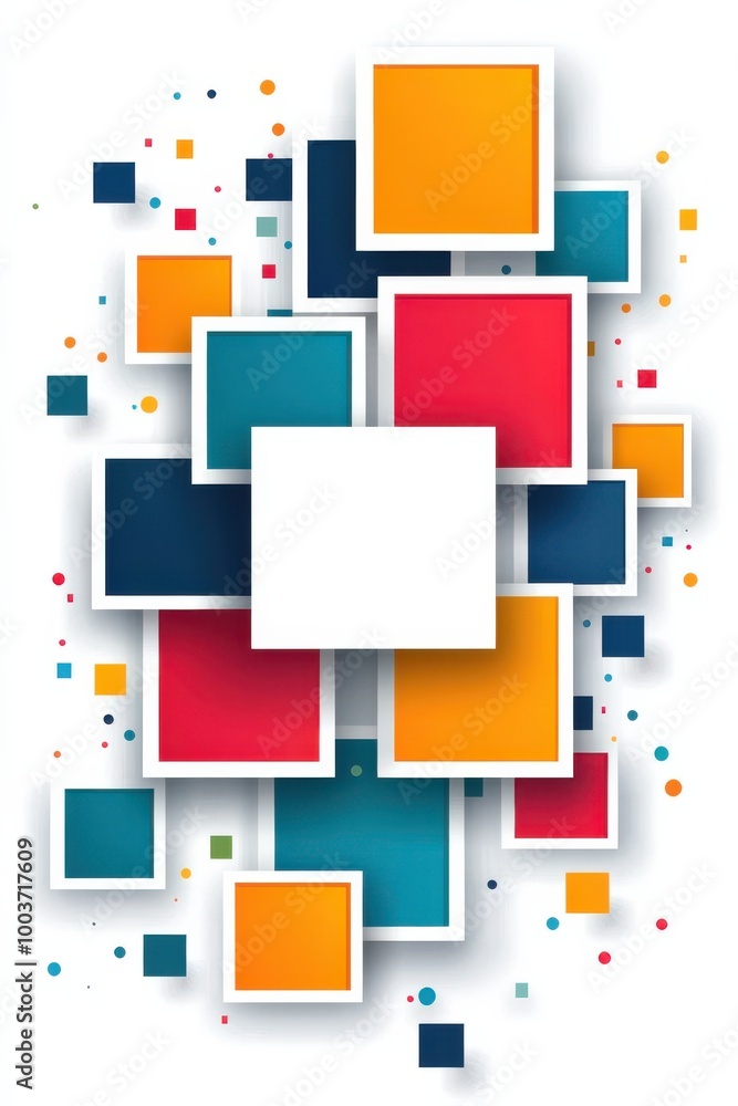 Fototapeta premium Colorful geometric background with simple white squares and vibrant blocks in red, orange, blue, and yellow for modern and abstract design concepts
