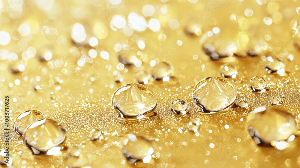 A collection of water droplets resting atop a yellow tablecloth speckled with golden flecks from reflected light A collection of water droplets resting atop a yellow tablecloth speckled with golden flecks from reflected light