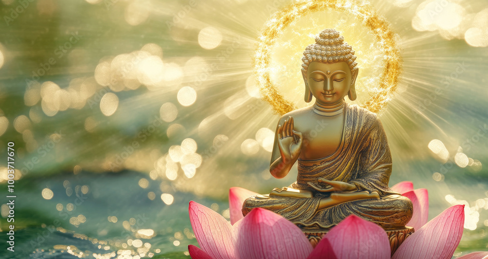 Obraz premium A golden Buddha statue sits atop a pink crystal lotus, with green water ripples in the background