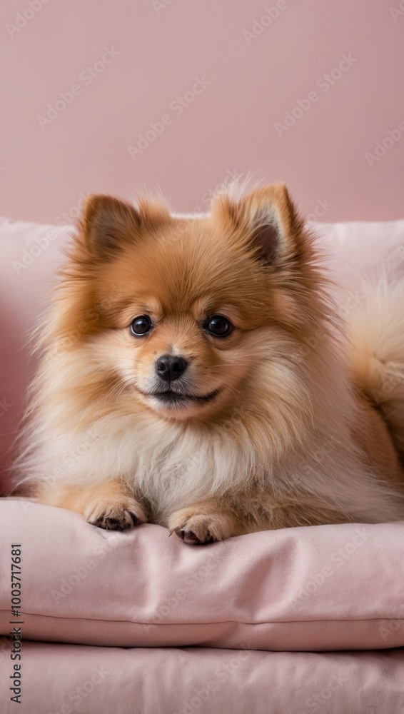 Fluffy Pomeranian Sitting on Soft Bed with Relaxed Pose Fluffy Pomeranian Sitting on Soft Bed with Relaxed Pose