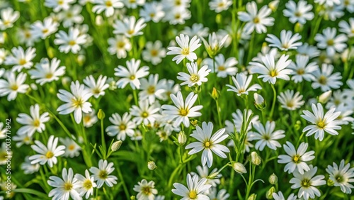 White stellaria holostea flowers on green grassy meadow aerial view photo