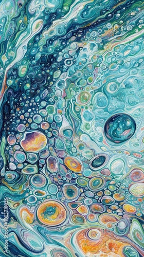 Blue, yellow, and green bubbles float against a backdrop of blue and white A circular form, black, lies at image's base