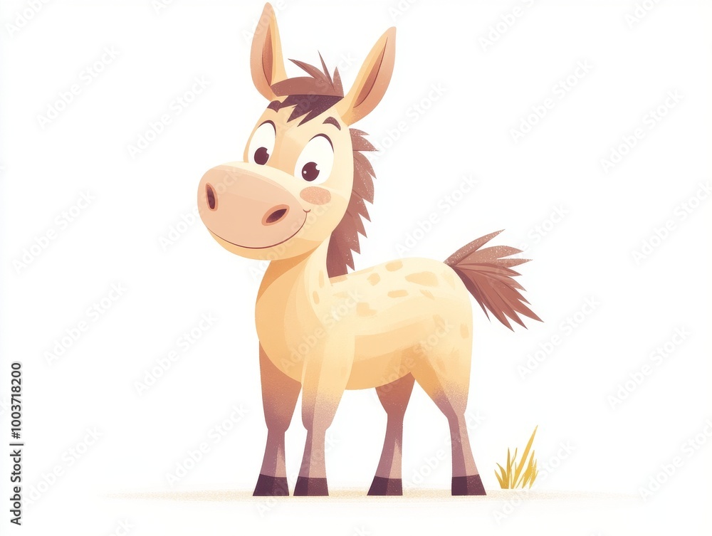 2408 83.A cheerful donkey illustrated in a cartoon style, with a friendly face and short legs, positioned against a white background. The light, pastel colors and simple shapes make this illustration 2408 83.A cheerful donkey illustrated in a cartoon style, with a friendly face and short legs, positioned against a white background. The light, pastel colors and simple shapes make this illustration