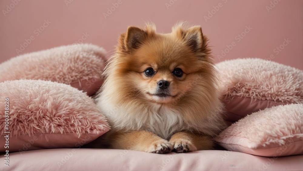 Pomeranian Dog Sitting Comfortably with Fluffy Coat on Pink Blanket Pomeranian Dog Sitting Comfortably with Fluffy Coat on Pink Blanket