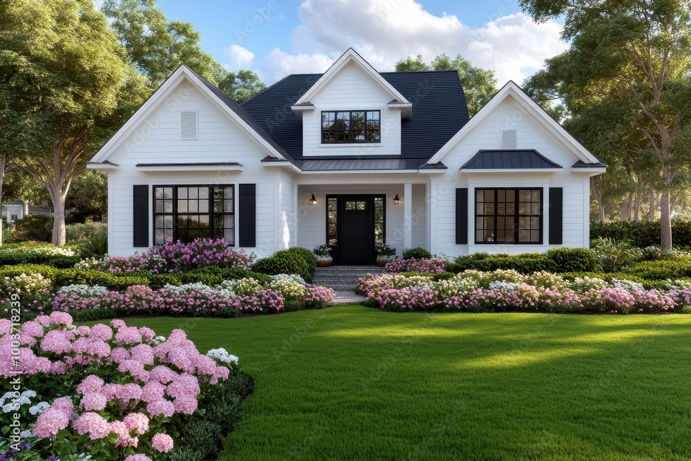 Charming house with lush garden landscape Charming house with lush garden landscape