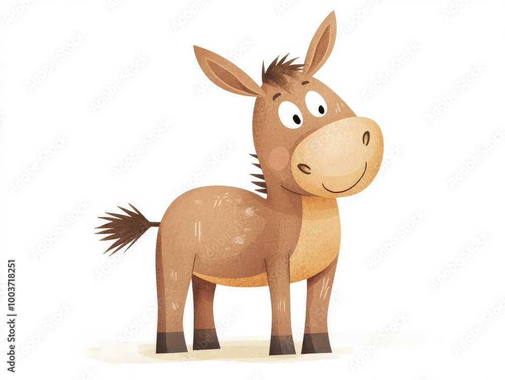 2408 83.A cheerful donkey illustrated in a cartoon style, with a friendly face and short legs, positioned against a white background. The light, pastel colors and simple shapes make this illustration 2408 83.A cheerful donkey illustrated in a cartoon style, with a friendly face and short legs, positioned against a white background. The light, pastel colors and simple shapes make this illustration