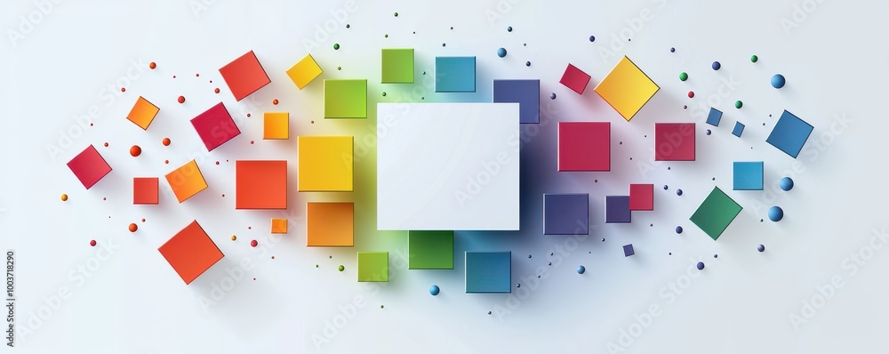 Abstract graphic design with a white square blank surrounded by colorful geometric shapes on a white background Abstract graphic design with a white square blank surrounded by colorful geometric shapes on a white background