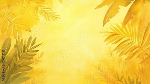Bright Tropical Background with Green Leaves and Yellow Hue