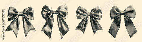 Vintage halftone bows set. Retro photocopy effect. Y2K grunge bitmap and pixel texture. Collage elements for mixed media design.