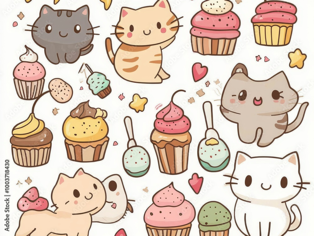 2408 91.A kawaii-style illustration featuring a collection of cute cats surrounded by various desserts like cupcakes, ice cream, and macarons. Each cat is drawn with big, sparkling eyes and a playful 2408 91.A kawaii-style illustration featuring a collection of cute cats surrounded by various desserts like cupcakes, ice cream, and macarons. Each cat is drawn with big, sparkling eyes and a playful