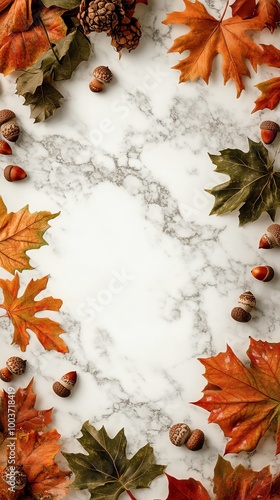 Elegant autumn leaves and nuts on a marble background create a warm seasonal vibe perfect for any project. photo