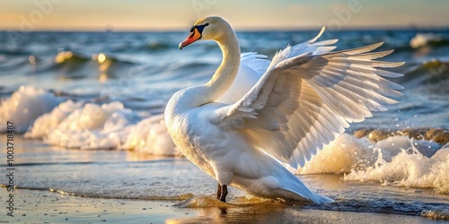 Fototapeta Naklejka Na Ścianę i Meble -  White swan standing on the seashore with water drops on its feathers