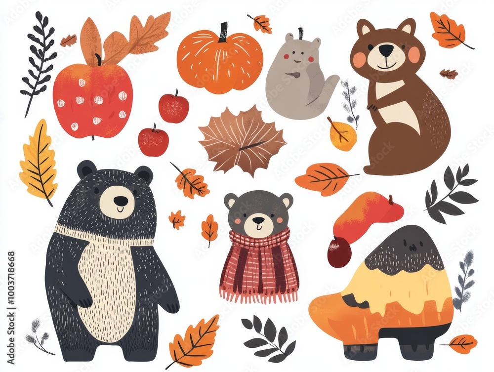 Obraz premium 2408 97.A set of cute autumn animals, including a grizzly bear, illustrated with cozy seasonal elements like pumpkins, apples, and warm scarves. The playful design and bright autumn colors make it