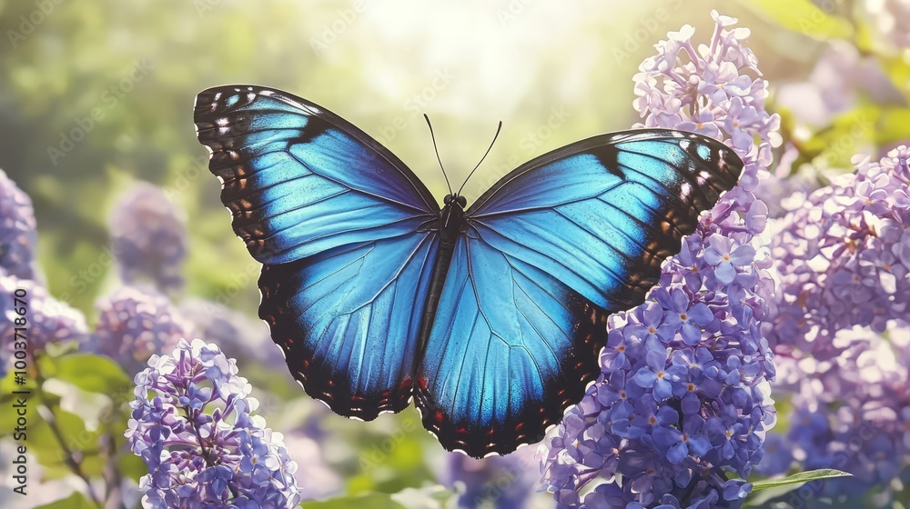 Fototapeta premium A blue butterfly perches atop purple lilac blooms Sun rays filter through clouds behind