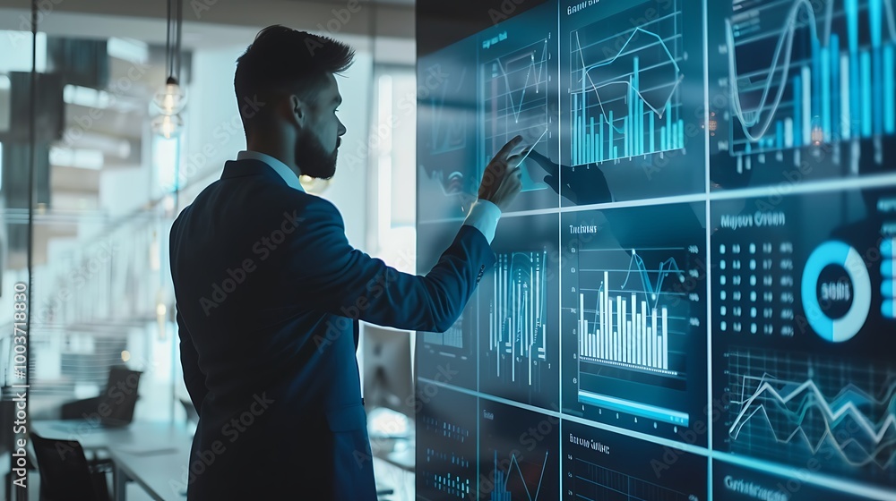 Businessman in a suit stands in front of a large digital screen observing a data graph diagram for the Concept of data visualization and decision making in the business world.