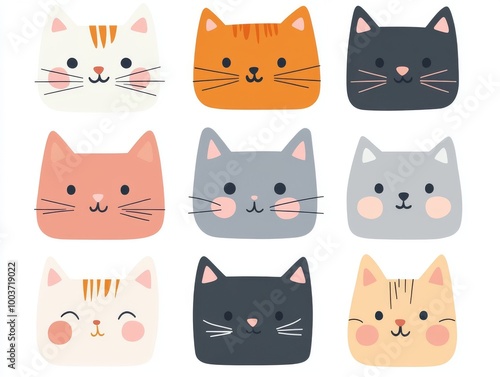 2408 103.A playful set of cat face illustrations with square heads, each in different colors like orange, gray, and white. The cats have cute pink noses, pointy ears, and cheerful expressions, with a