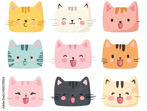 2408 104.A vector set of square-headed cat faces in a range of colors, each featuring a pink nose, cute ears, and a tongue sticking out. The flat, kawaii style and minimalist design on a white