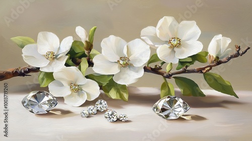  A painting of a branch bearing white flowers and three diamonds aligned on a pristine surface photo