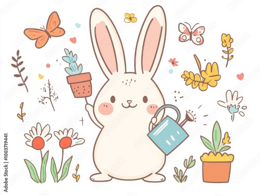 2408 120.A cute bunny gardener in kawaii style, holding a watering can with plants, flowers, and butterflies around. The rabbit is surrounded by garden supplies, making this illustration ideal for 2408 120.A cute bunny gardener in kawaii style, holding a watering can with plants, flowers, and butterflies around. The rabbit is surrounded by garden supplies, making this illustration ideal for