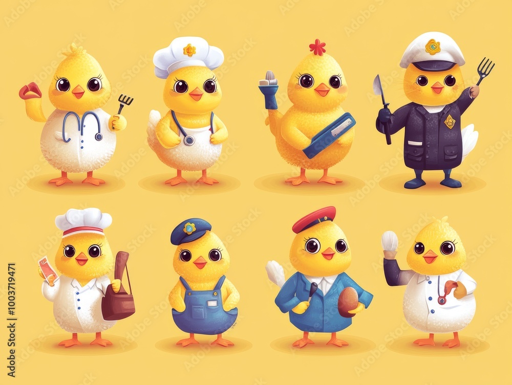 2408 121.A collection of cute Easter chicks in various professional outfits, including a doctor, farmer, chef, and police officer. The yellow chicks are illustrated in a playful vector style, each 2408 121.A collection of cute Easter chicks in various professional outfits, including a doctor, farmer, chef, and police officer. The yellow chicks are illustrated in a playful vector style, each