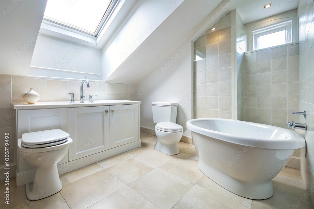 White toilet and bathtub in a bathroom viewed from below White toilet and bathtub in a bathroom viewed from below