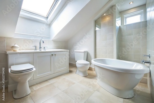 Wallpaper Mural White toilet and bathtub in a bathroom viewed from below Torontodigital.ca