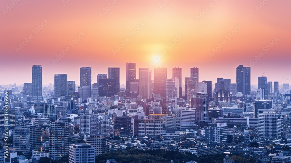 Fototapeta premium Stunning Cityscape with Sunset Over Urban Skyline