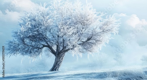 A serene winter scene featuring a frost-covered tree under a soft blue sky, evoking calm and tranquility in a snowy landscape.