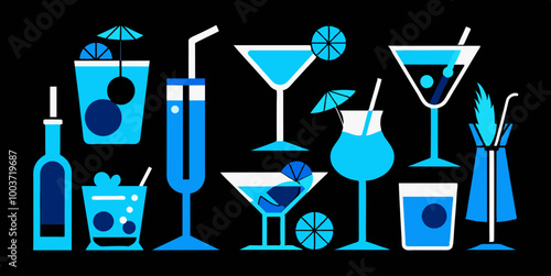 A collection of blue cocktails and bottles displayed on a dark background