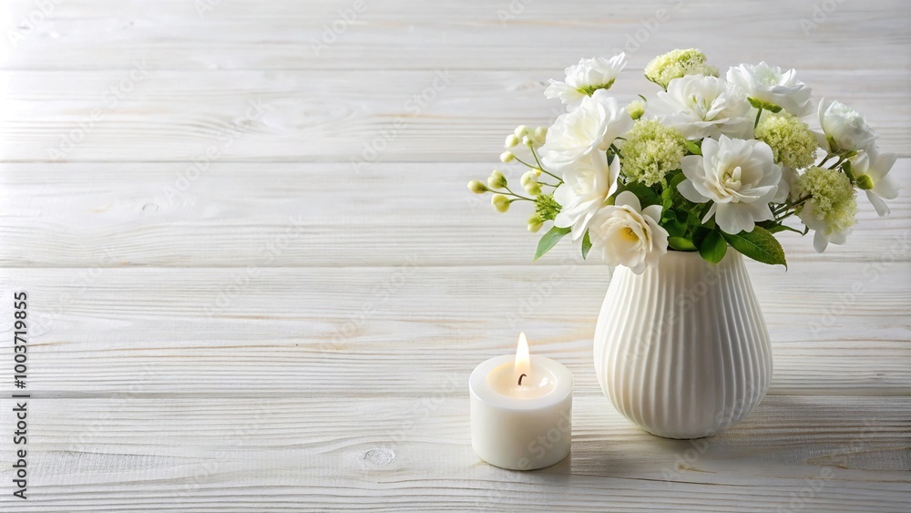 White vase with white flowers and candle from high angle White vase with white flowers and candle from high angle